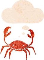 crabe de dessin animé et bulle de pensée dans un style texturé rétro vecteur