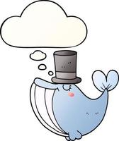 baleine de dessin animé avec chapeau haut de forme et bulle de pensée dans un style dégradé lisse vecteur