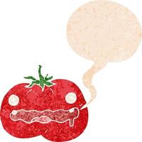 tomate de dessin animé et bulle de dialogue dans un style texturé rétro vecteur