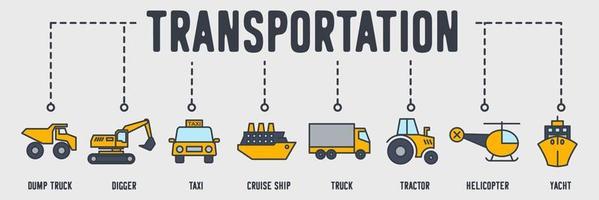 icône web de bannière de véhicule de transport. camion à benne basculante, tram, taxi, bateau de croisière, camion, tracteur, hélicoptère, yacht, concept d'illustration vectorielle de chariot élévateur. vecteur