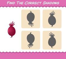 trouvez les ombres correctes de la betterave de dessin animé. jeu de recherche et d'association. jeu éducatif pour les enfants d'âge préscolaire et les tout-petits vecteur