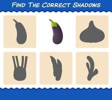 trouvez les ombres correctes de l'aubergine de dessin animé. jeu de recherche et d'association. jeu éducatif pour les enfants d'âge préscolaire et les tout-petits vecteur