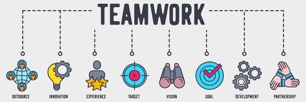 icône web de bannière de travail d'équipe. externaliser, innovation, expérience, cible, vision, objectif, développement, concept d'illustration vectorielle de partenariat. vecteur