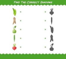 trouver les ombres correctes des légumes de dessin animé. jeu de recherche et d'association. jeu éducatif pour les enfants d'âge préscolaire et les tout-petits vecteur