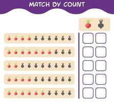 match par nombre de radis de dessin animé. match et jeu de comptage. jeu éducatif pour les enfants d'âge préscolaire et les tout-petits vecteur