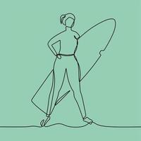 dessin au trait continu sur quelqu'un surfe vecteur