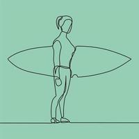 dessin au trait continu sur quelqu'un surfe vecteur