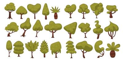 ensemble dessiné à la main d'éléments d'objets végétaux nature arbre forestier, illustration vectorielle sertie de différentes formes, feuillage écologique. sujet de mode de vie sain. vert tropical de la jungle.