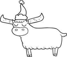dessin au trait d'un taureau portant un bonnet de noel vecteur