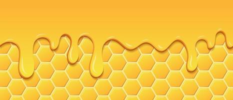 motif jaune avec nid d'abeille et gouttes de miel. modèle sans couture de miel dégoulinant. texture transparente des cellules hexagonales de miel d'or. illustration vectorielle