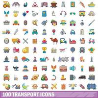 Ensemble de 100 icônes de transport, style cartoon vecteur