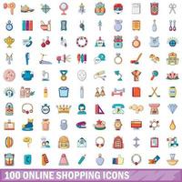 Ensemble de 100 icônes d'achat en ligne, style dessin animé vecteur