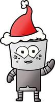 dessin animé dégradé heureux d'un robot agitant bonjour portant un bonnet de noel vecteur