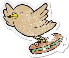 autocollant en détresse d'un oiseau de bande dessinée volant un sandwich vecteur