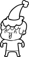 dessin au trait d'un garçon riant portant un bonnet de noel vecteur