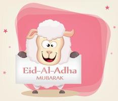 fête du sacrifice eid al-adha. vacances traditionnelles en mousseline. carte de voeux avec mouton drôle tenant une pancarte. vecteur