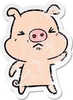 autocollant en détresse d'un cochon grincheux de dessin animé vecteur