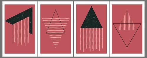 ensemble de quatre affiches minimalistes aux formes géométriques, triangles et lignes. formes et lignes sombres sur fond rose,. modèle de concept moderne. conception pour illustration vectorielle de décoration murale vecteur