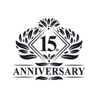 Logo anniversaire 15 ans, logo floral de luxe 15e anniversaire. vecteur
