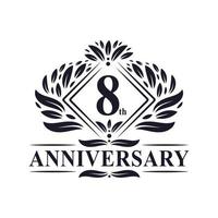 Logo anniversaire 8 ans, logo floral de luxe 8e anniversaire. vecteur