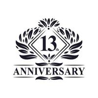 Logo anniversaire 13 ans, logo floral de luxe 13e anniversaire. vecteur