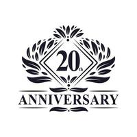 Logo anniversaire 20 ans, logo floral de luxe 20e anniversaire. vecteur