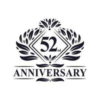 Logo anniversaire 52 ans, logo floral de luxe 52e anniversaire. vecteur