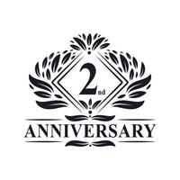 logo anniversaire 2 ans, logo floral de luxe 2e anniversaire. vecteur