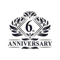 Logo anniversaire 6 ans, logo floral de luxe 6e anniversaire. vecteur