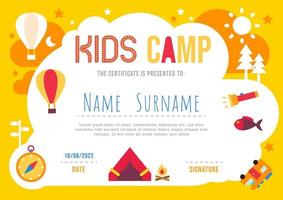 certificat diplôme de camp d'été pour enfants, mise en page de modèle de jardin d'enfants nature eco vecteur. vecteur