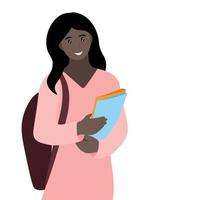 portrait d'une étudiante noire avec des livres dans les mains, isolée sur un vecteur blanc et plat, une fille en tunique rose et avec un sac à dos