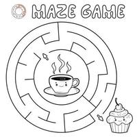 jeu de puzzle labyrinthe pour les enfants. contour cercle labyrinthe ou jeu de labyrinthe avec gâteau et thé. vecteur
