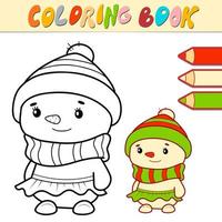 livre de coloriage ou page pour les enfants. vecteur de bonhomme de neige de noël noir et blanc