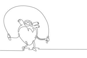 un seul dessin au trait mignon organe cardiaque drôle faire de la gym avec une corde à sauter. entraînement d'organe cardiaque, sport, concept de personnage de fitness. thème de l'éducation. illustration vectorielle graphique de conception de dessin en ligne continue vecteur