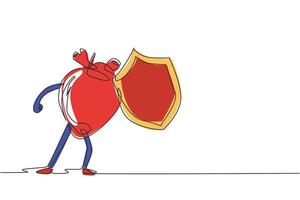 une seule ligne dessinant une mascotte d'organe cardiaque humain tenant un bouclier pour la protection. santé du système cardiovasculaire. la puissance et la force de l'organe cardiaque. ligne continue dessiner illustration vectorielle de conception vecteur