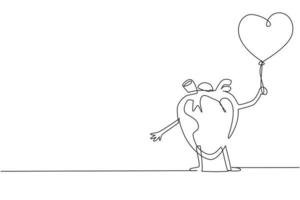 une ligne continue dessinant une mascotte d'organe cardiaque tenant un ballon avec une forme d'amour pour la fête de célébration. santé du système cardiovasculaire. la puissance et la force de l'organe cardiaque. vecteur de conception de dessin à une seule ligne
