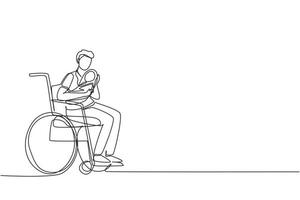une ligne continue dessinant des parents avec un nouveau-né. mâle tenir bébé, assis en fauteuil roulant. homme handicapé tenant bébé dans ses bras. concept d'amour familial. illustration vectorielle de dessin à une seule ligne vecteur