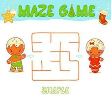 jeu de puzzle de labyrinthe de noël pour les enfants. labyrinthe simple ou jeu de labyrinthe avec bonhomme en pain d'épice de noël. vecteur