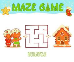 jeu de puzzle de labyrinthe de noël pour les enfants. labyrinthe simple ou jeu de labyrinthe avec bonhomme en pain d'épice de noël et maison en pain d'épice. vecteur