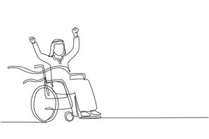 dessin continu d'une ligne arabe jeune homme en fauteuil roulant traversant la ligne d'arrivée rouge. heureux gagnant, champion couronné de succès. société, communauté des personnes handicapées. illustration vectorielle de dessin à une seule ligne vecteur