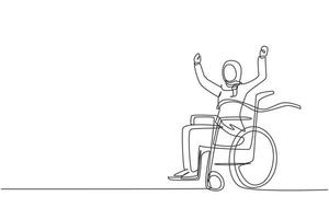 dessin continu d'une ligne arabe jeune femme utilisatrice de fauteuil roulant traversant la ligne d'arrivée rouge. heureux gagnant, champion couronné de succès. société, communauté des personnes handicapées. graphique vectoriel de conception de dessin à une seule ligne