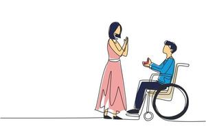 caractère de personne handicapée dessinant une seule ligne continue. l'homme a fait une proposition à une fille, un mariage. famille heureuse. homme positif ayant des besoins spéciaux en fauteuil roulant. une ligne dessiner illustration vectorielle de conception vecteur