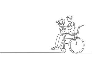 une seule ligne continue dessinant un père handicapé heureux avec son enfant. homme handicapé tenant bébé dans ses bras. concept d'amour familial. handicap physique, société. illustration vectorielle de conception d'une ligne vecteur