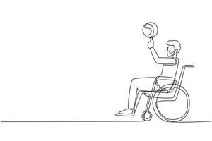 une seule ligne continue dessinant un gars arabe en fauteuil roulant joue au basket-ball. personne handicapée fait tourner le basket-ball sur son doigt. exercice pour les personnes handicapées. une ligne dessiner illustration vectorielle de conception vecteur