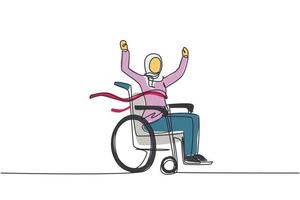 dessin continu d'une ligne arabe jeune femme utilisatrice de fauteuil roulant traversant la ligne d'arrivée rouge. heureux gagnant, champion couronné de succès. société, communauté des personnes handicapées. graphique vectoriel de conception de dessin à une seule ligne