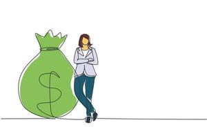une ligne continue dessinant une femme d'affaires heureuse en blazer debout près d'un gros sac lourd avec le signe dollar. femme s'appuyant sur un sac d'argent. notion réussie. illustration vectorielle de dessin à une seule ligne vecteur