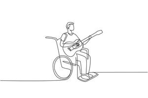 seul dessin d'une ligne musicien homme assis en fauteuil roulant avec guitare acoustique jouer de la musique, chanter une chanson. handicapé. patient du centre de rééducation. ligne continue dessiner illustration vectorielle de conception vecteur