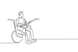 dessin continu d'une ligne mâle assis en fauteuil roulant jouant de la guitare électrique, chanter une chanson. handicapé. personne guitariste dans la salle d'hôpital. illustration graphique vectorielle de conception de dessin à une seule ligne vecteur