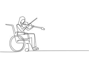 handicap de dessin en ligne continue et musique. femme en fauteuil roulant joue du violon. handicapé physique, handicapé. personne à l'hôpital. patient du centre de rééducation. vecteur de conception de dessin d'une ligne