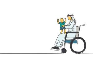 une seule ligne dessinant un père handicapé heureux avec son enfant. homme arabe handicapé tenant un bébé dans ses bras. concept d'amour familial. handicap physique. ligne continue dessiner illustration vectorielle de conception vecteur